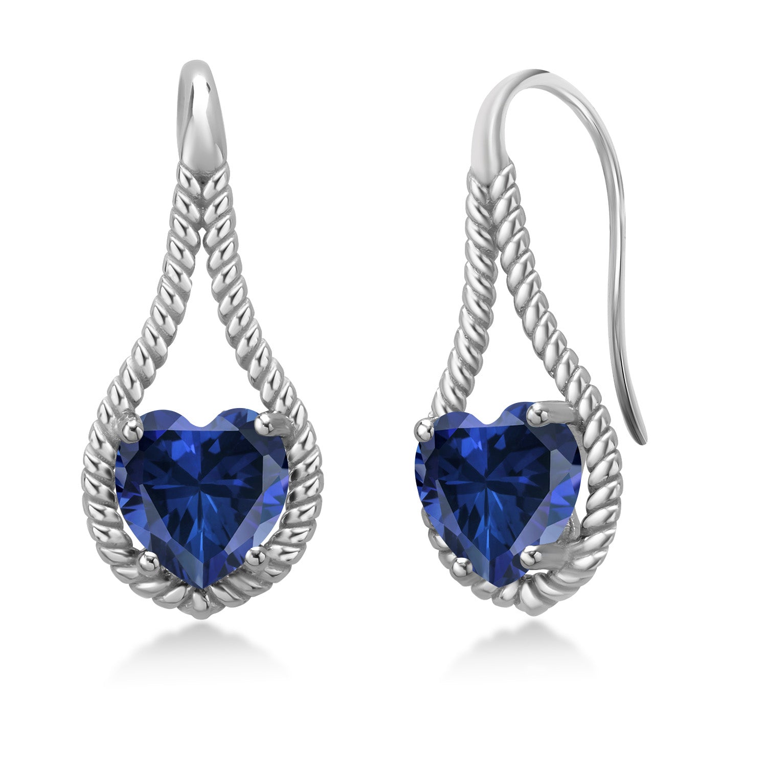 925 Sterling Silver Blue Created Sapphire Dangle Earrings For Women | 2.20 Cttw | Gemstone September Birthstone | Heart Shape 7MM