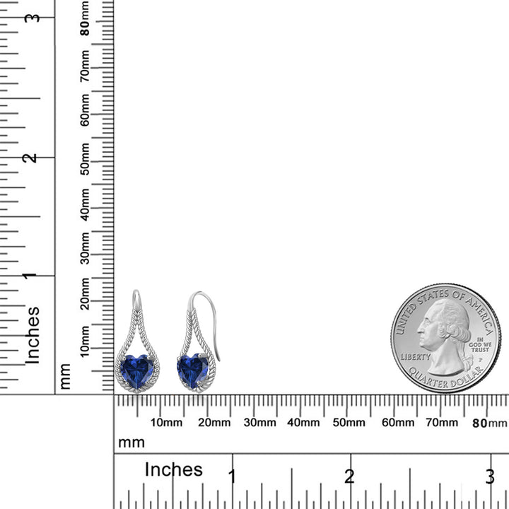 925 Sterling Silver Blue Created Sapphire Dangle Earrings For Women | 2.20 Cttw | Gemstone September Birthstone | Heart Shape 7MM