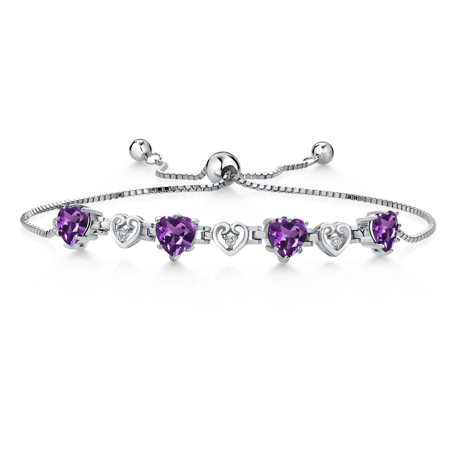 925 Sterling Silver Purple Amethyst and White Lab Grown Diamond Bracelet For Women (3.24 Cttw, Gemstone February Birthstone, Heart Shape 6X6MM, Fully Adjustable Up to 9 Inches)