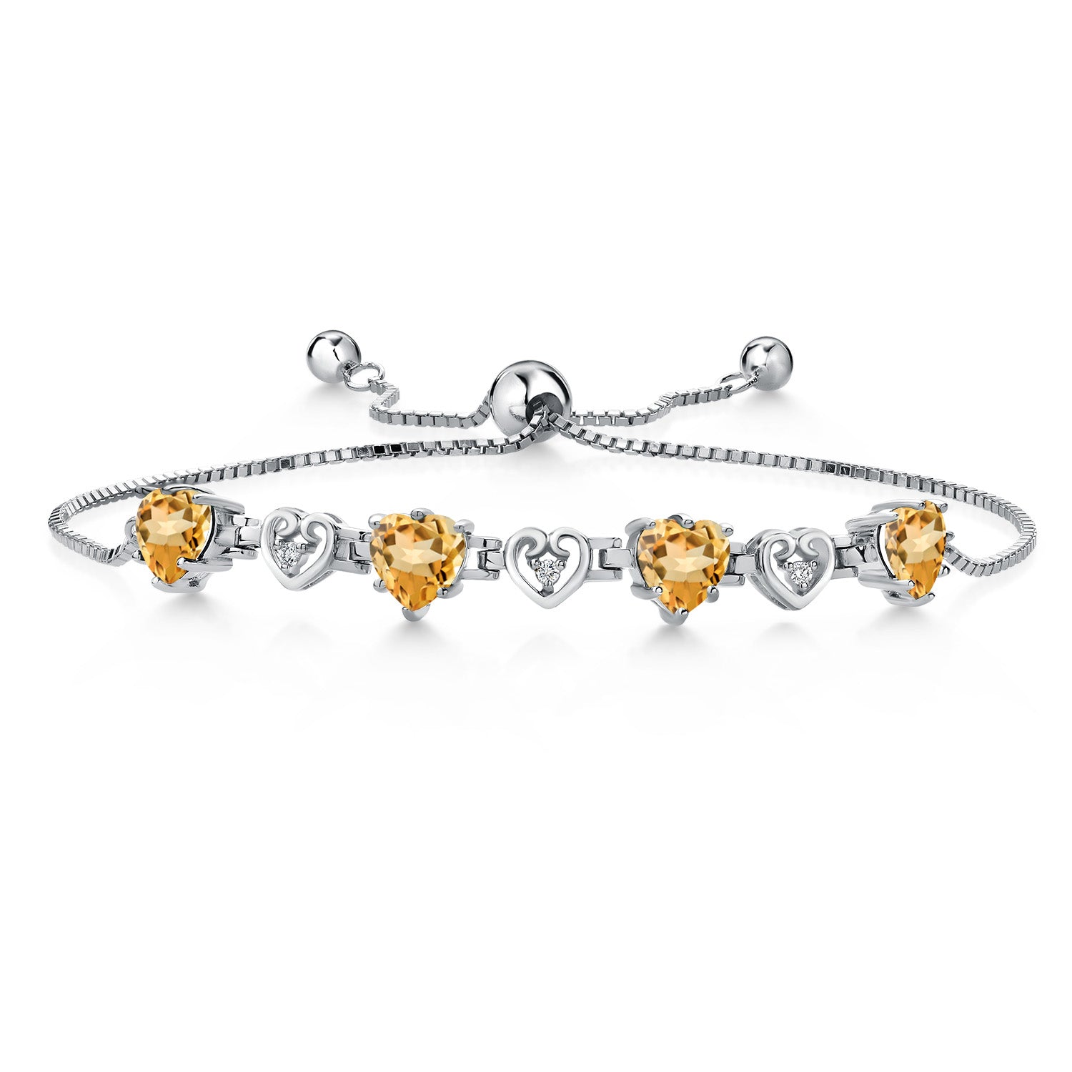 925 Sterling Silver Yellow Citrine and White Lab Grown Diamond Bracelet For Women (2.64Cttw, Gemstone November Birthstone, Heart Shape 6X6MM, Fully Adjustable Up to 9 Inches)