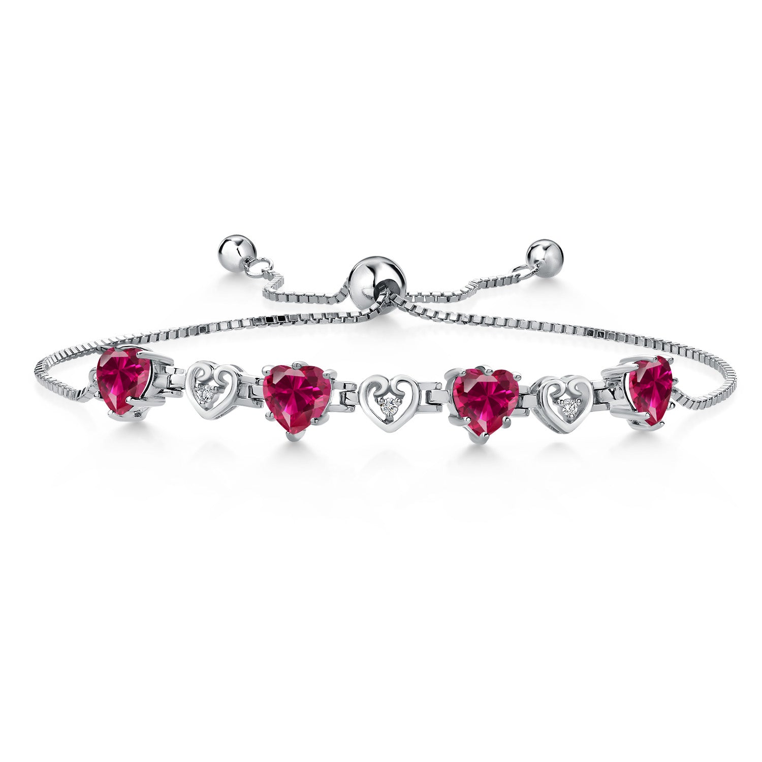 925 Sterling Silver Red Created Ruby and White Lab Grown Diamond Bracelet For Women (3.88 Cttw, Heart Shape 6MM, Fully Adjustable Up to 9 Inches)