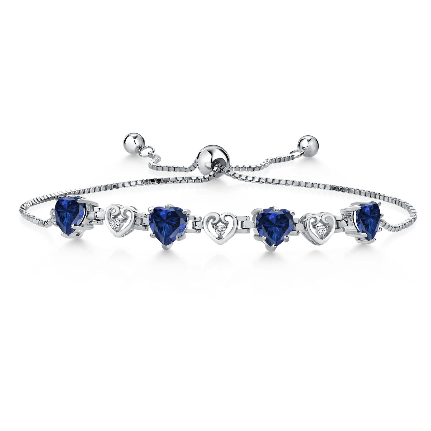 925 Sterling Silver Blue Created Sapphire and White Lab Grown Diamond Bracelet For Women (3.24 Cttw, Heart Shape 6MM, Fully Adjustable Up to 9 Inches)