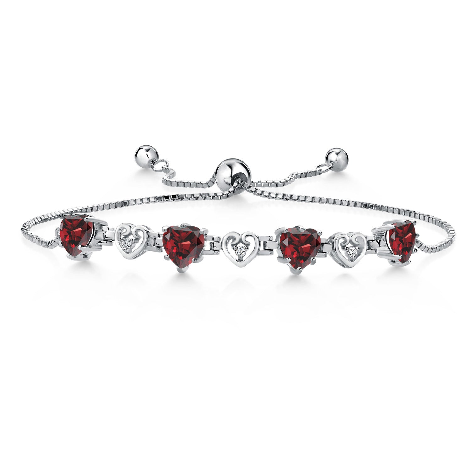 925 Sterling Silver Red Garnet and White Lab Grown Diamond Bracelet For Women (4.04Cttw, Gemstone January Birthstone, Heart Shape 6X6MM, Fully Adjustable Up to 9 Inches)