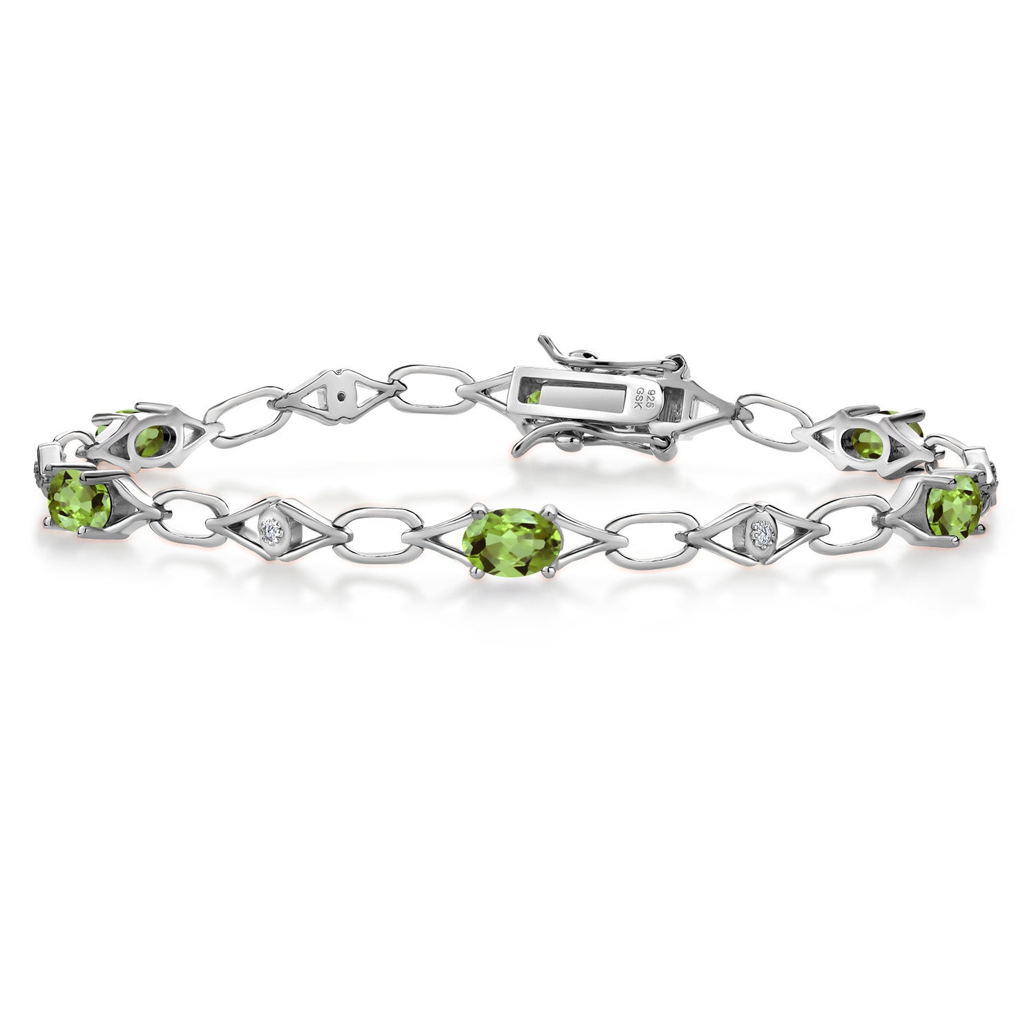 925 Sterling Silver Green Peridot and Round White Lab Grown Diamond Tennis Bracelet For Women (3.04 Cttw, Gemstone Birthstone, Oval 6X4MM, 7.25 Inches)