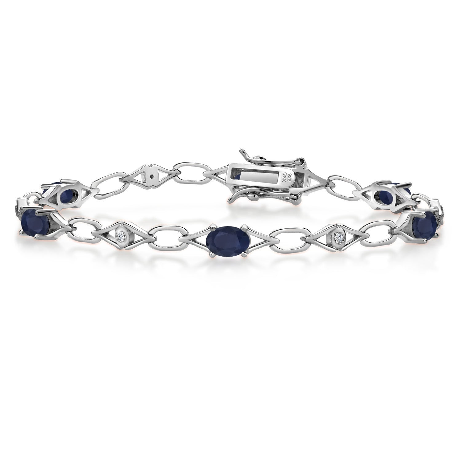 925 Sterling Silver Blue Sapphire and Round White Lab Grown Diamond Tennis Bracelet For Women (3.37 Cttw, Gemstone Birthstone, Oval 6X4MM, 7.25 Inches)