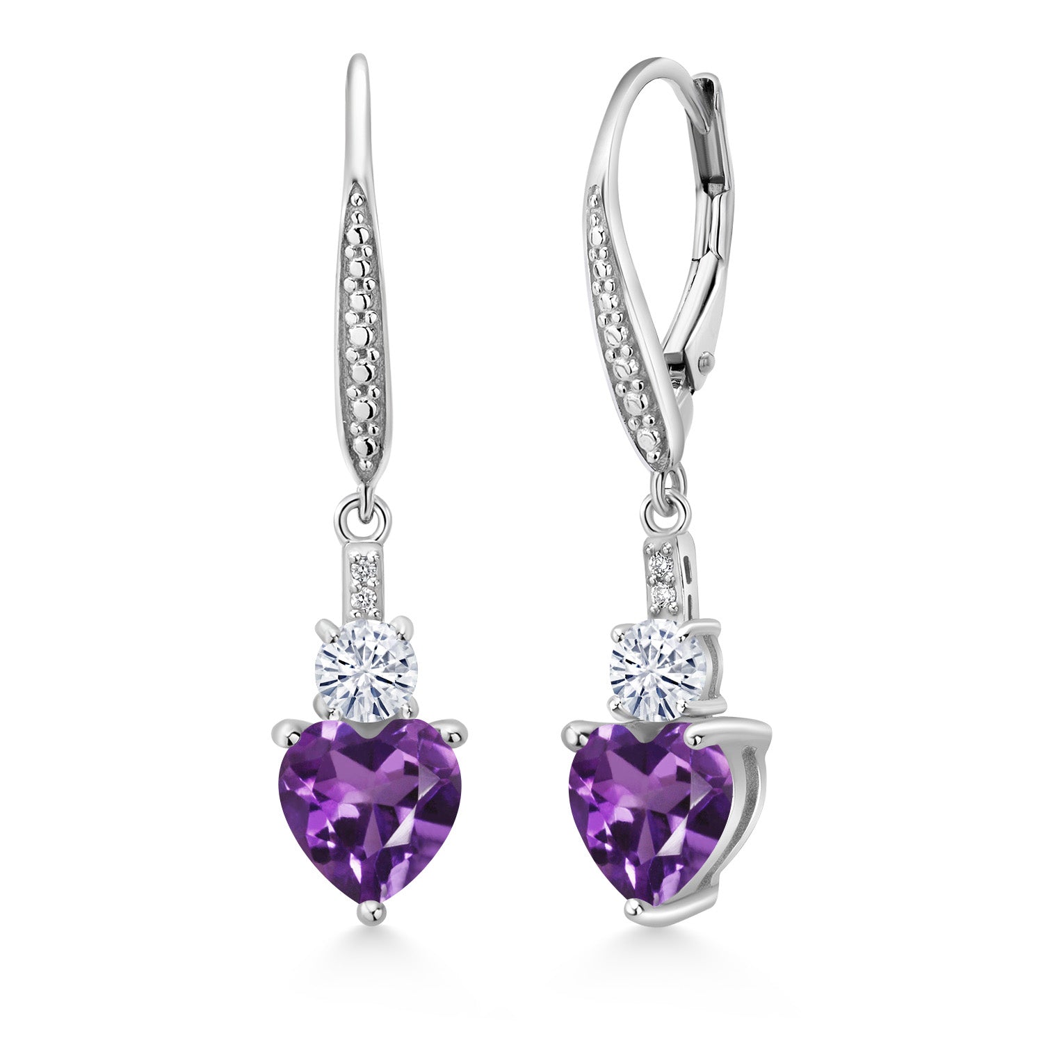 925 Sterling Silver Purple Amethyst White Moissanite and White Lab Grown Diamond Drop Dangle Earrings For Women (2.29 Cttw, Heart Shape 7MM, Round 4MM)