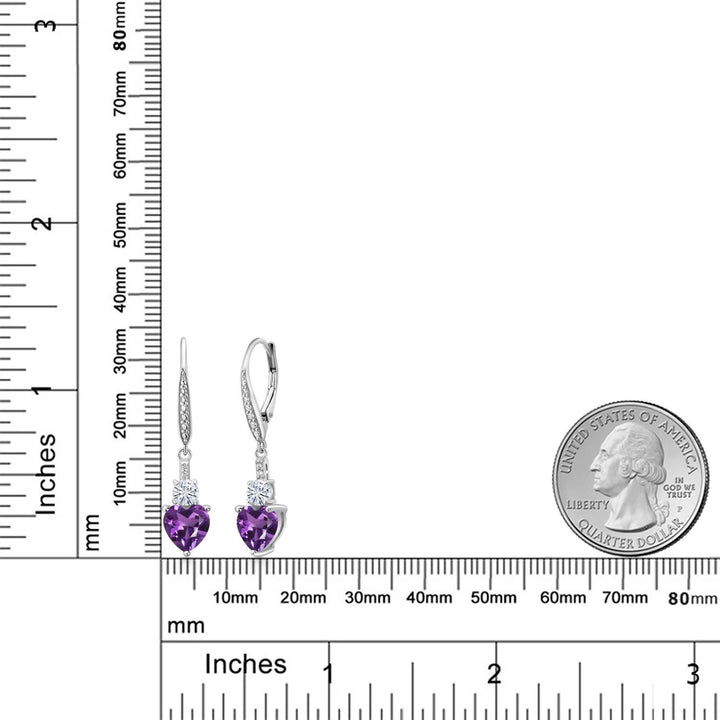 925 Sterling Silver Purple Amethyst White Moissanite and White Lab Grown Diamond Drop Dangle Earrings For Women (2.29 Cttw, Heart Shape 7MM, Round 4MM)