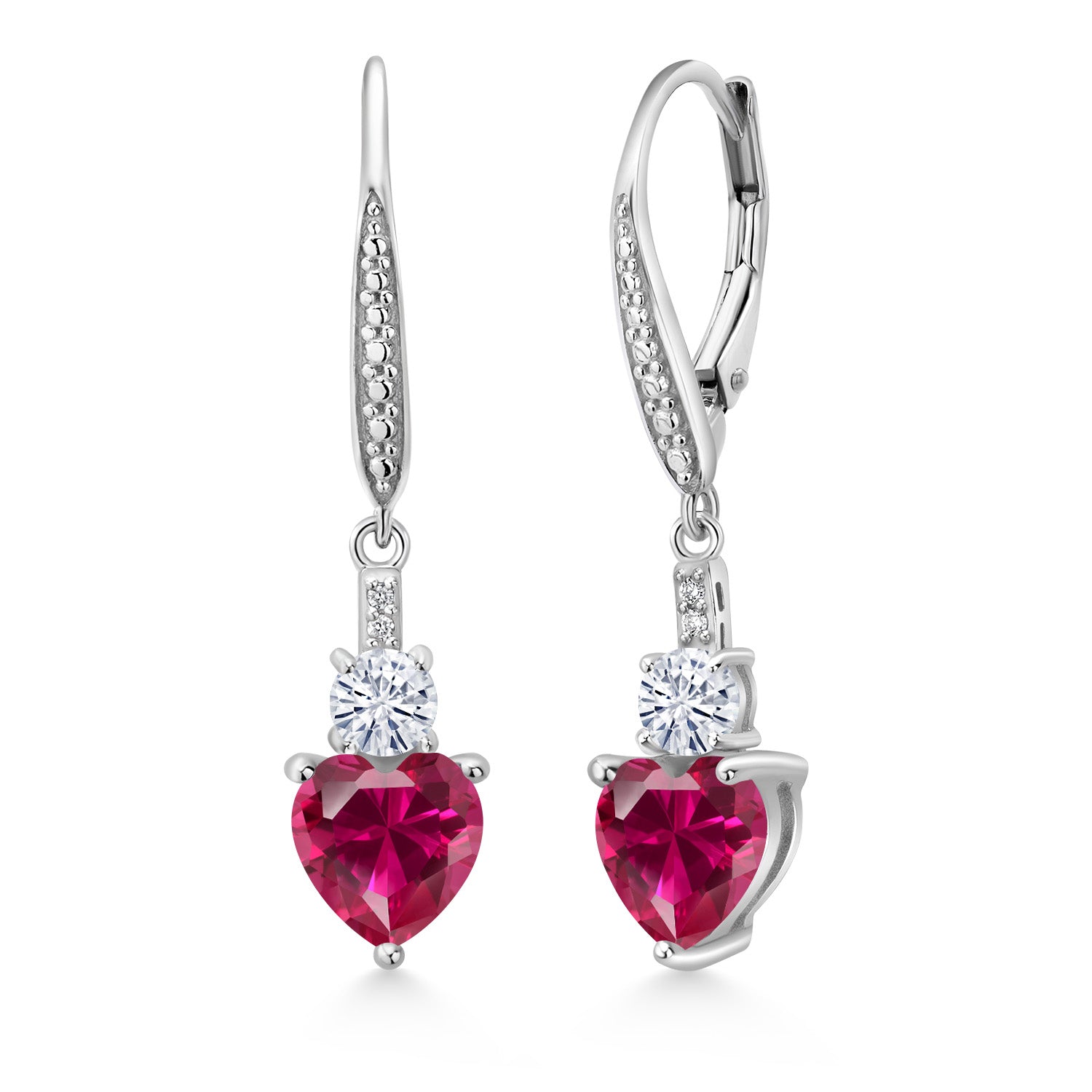 925 Sterling Silver Red Created Ruby White Moissanite and White Lab Grown Diamond Drop Dangle Earrings For Women (3.29 Cttw, Heart Shape 7MM, Round 4MM)