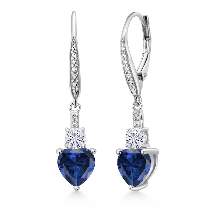 925 Sterling Silver Blue Simulated Sapphire White Moissanite and White Lab Grown Diamond Drop Dangle Earrings For Women (2.69 Cttw, Heart Shape 7MM, Round 4MM)