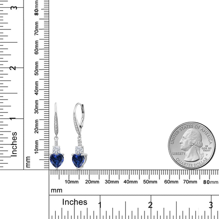 925 Sterling Silver Blue Simulated Sapphire White Moissanite and White Lab Grown Diamond Drop Dangle Earrings For Women (2.69 Cttw, Heart Shape 7MM, Round 4MM)