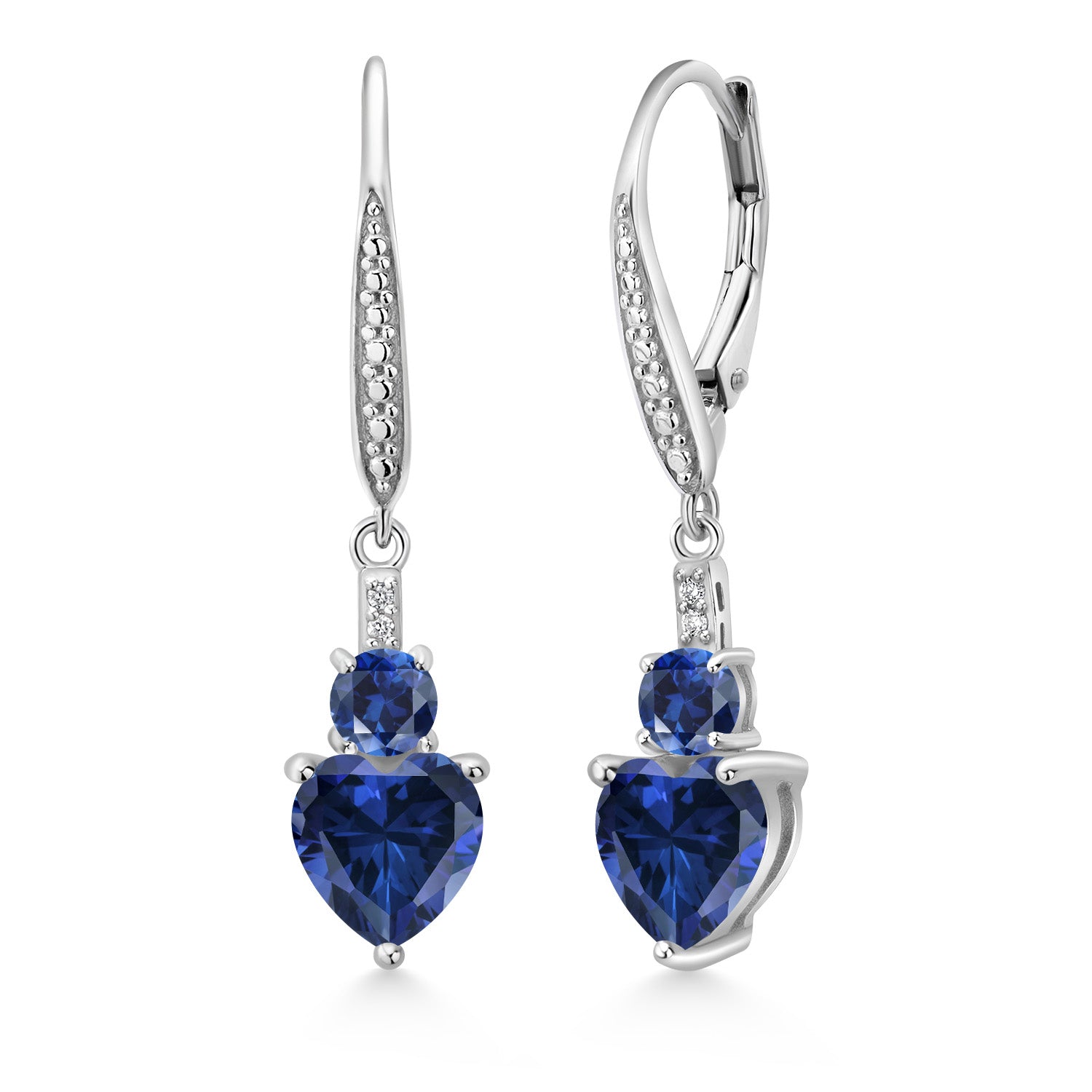 925 Sterling Silver Blue Simulated Sapphire Blue Created Sapphire and White Lab Grown Diamond Drop Dangle Earrings For Women (2.73 Cttw, Heart Shape 7MM, Round 4MM)