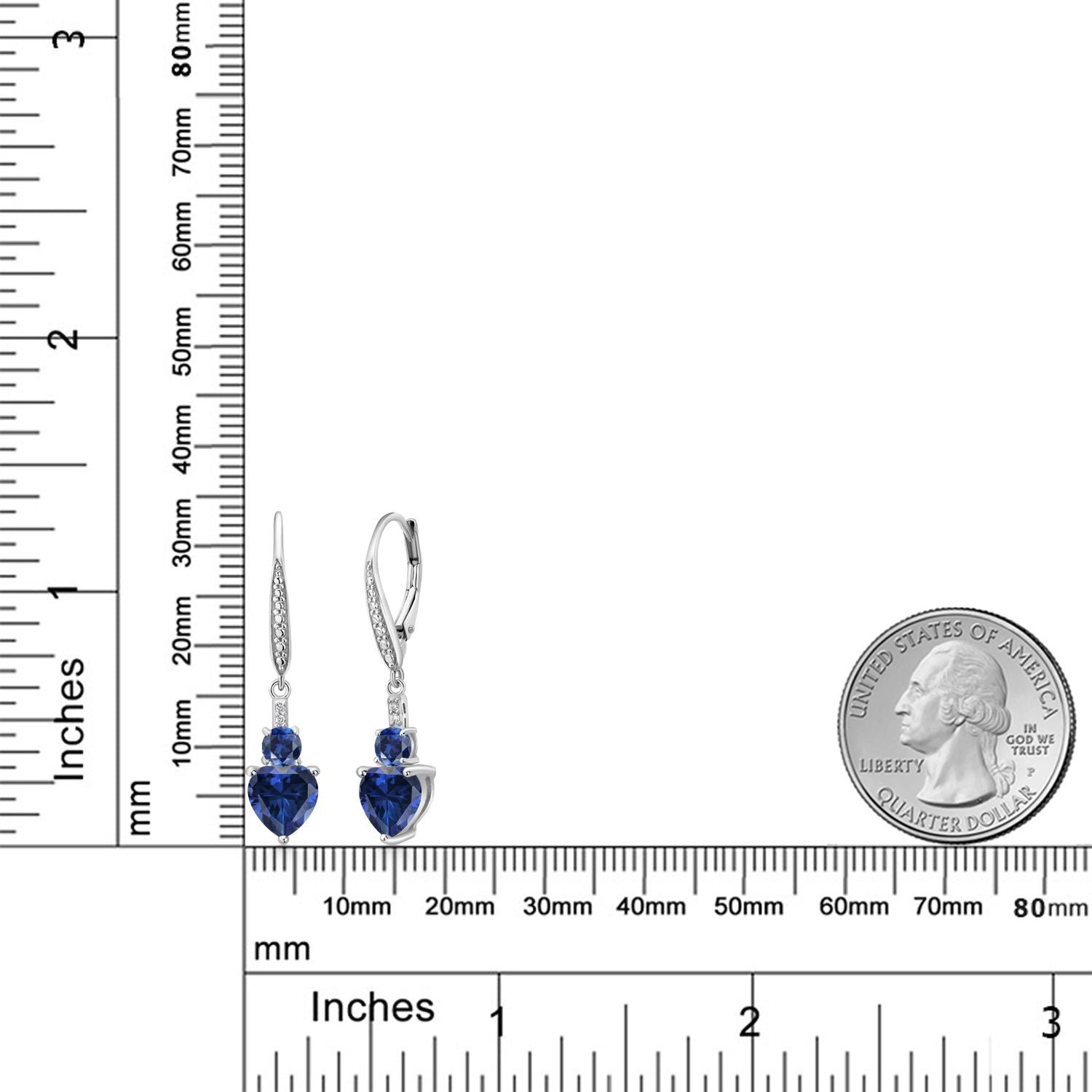 925 Sterling Silver Blue Simulated Sapphire Blue Created Sapphire and White Lab Grown Diamond Drop Dangle Earrings For Women (2.73 Cttw, Heart Shape 7MM, Round 4MM)