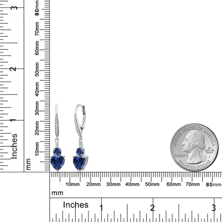 925 Sterling Silver Blue Simulated Sapphire Blue Created Sapphire and White Lab Grown Diamond Drop Dangle Earrings For Women (2.73 Cttw, Heart Shape 7MM, Round 4MM)