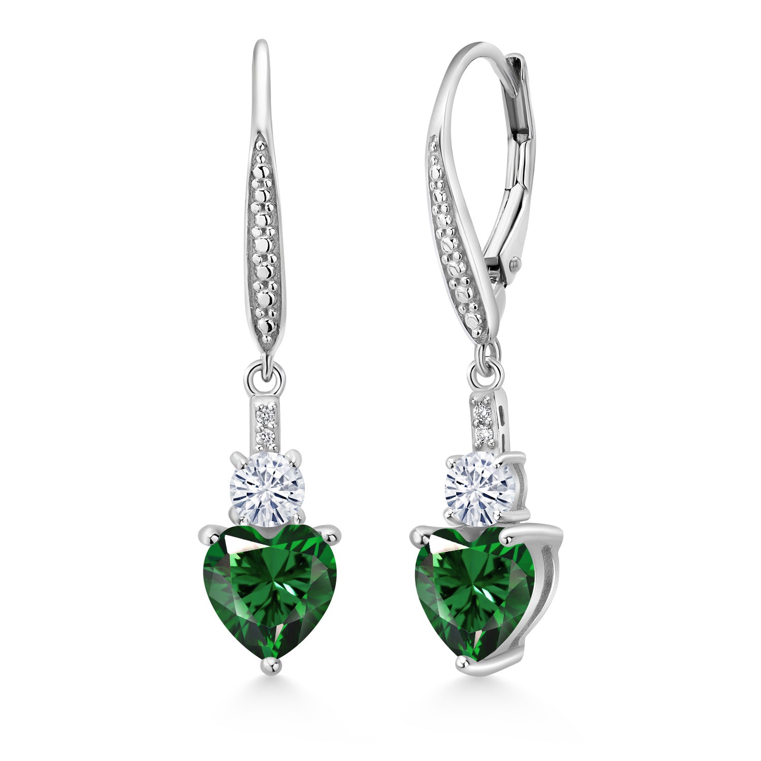 925 Sterling Silver Green Nano Emerald White Moissanite and White Lab Grown Diamond Drop Dangle Earrings For Women (2.49 Cttw, Heart Shape 7MM, Round 4MM)