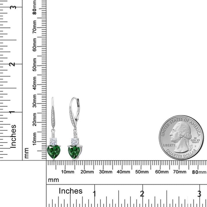 925 Sterling Silver Green Nano Emerald White Moissanite and White Lab Grown Diamond Drop Dangle Earrings For Women (2.49 Cttw, Heart Shape 7MM, Round 4MM)