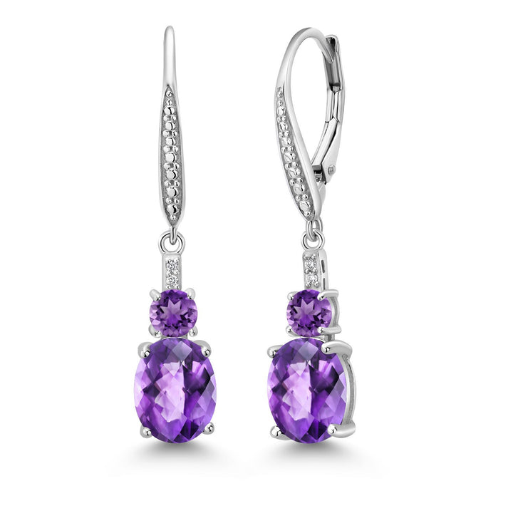 Gem Stone King 2-5 Cttw Oval Gemstone Birthstone and Lab Grown Diamond Drop Dangle Leverback Earrings for Women | 925 Sterling Silver | Oval 9X7MM Round 4MM and 1MM Accents