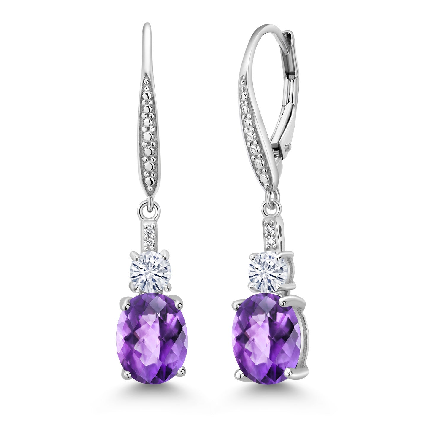 925 Sterling Silver Purple Amethyst White Moissanite and Lab Grown Diamond Dangle Earrings For Women (3.49 Cttw, Oval Checkerboard 9X7MM)