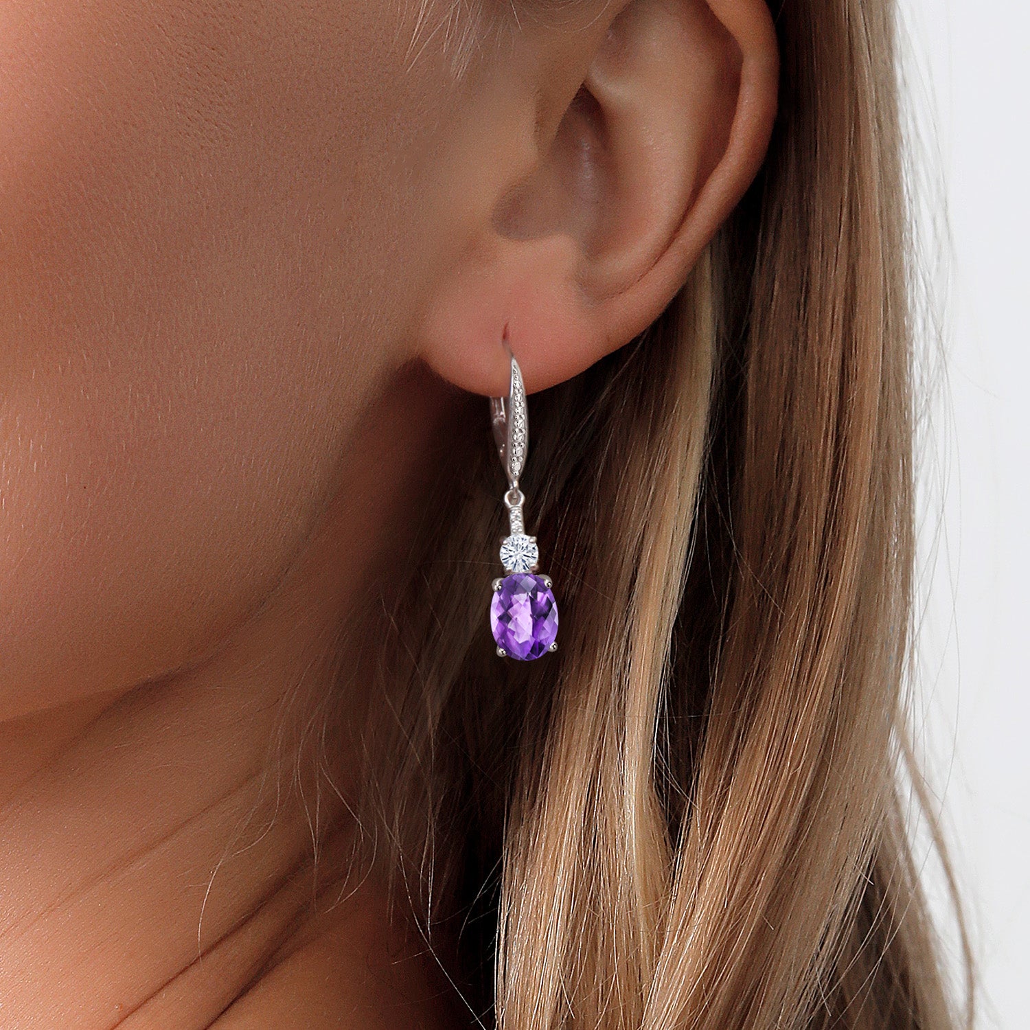 925 Sterling Silver Purple Amethyst White Moissanite and Lab Grown Diamond Dangle Earrings For Women (3.49 Cttw, Oval Checkerboard 9X7MM)