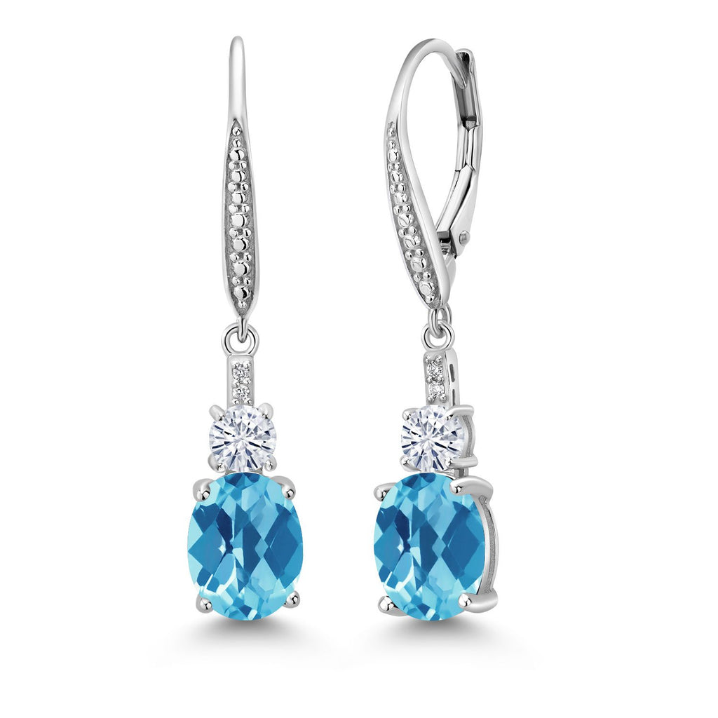 Gem Stone King 925 Sterling Silver Gemstone Birthstone, White Moissanite and White Lab Grown Diamond Drop Dangle Earrings for Women | Oval 9X7MM, Round 4MM and 1MM Accents | Elegant Leverback Closure