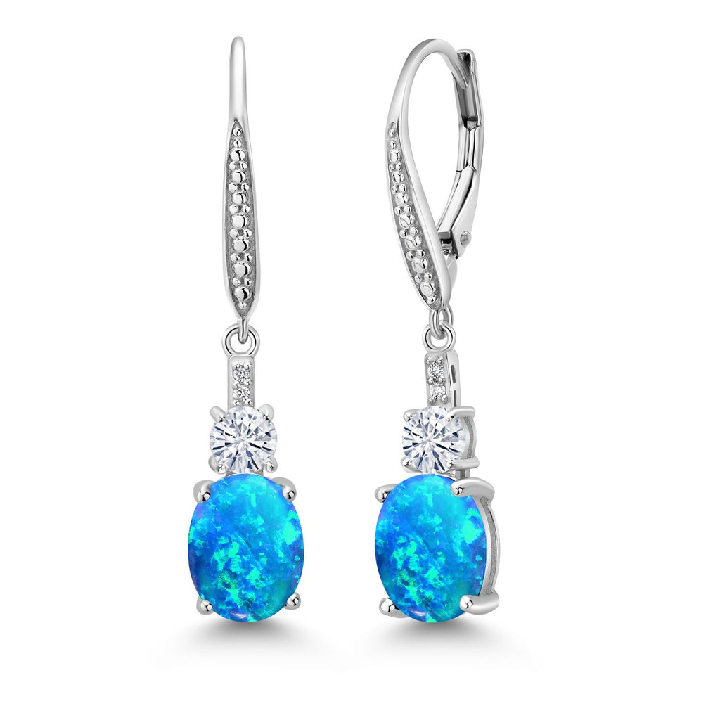 Blue Simulated Opal-Cabochon - October_Earrings in 925 Sterling Silver