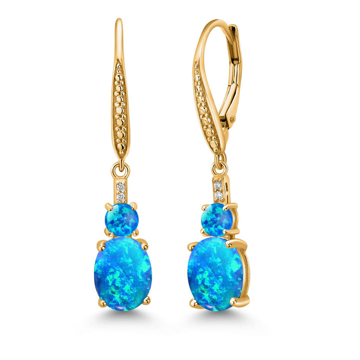 Blue Simulated Opal-Cabochon - October_Earrings in 925 Yellow Gold Plated Silver