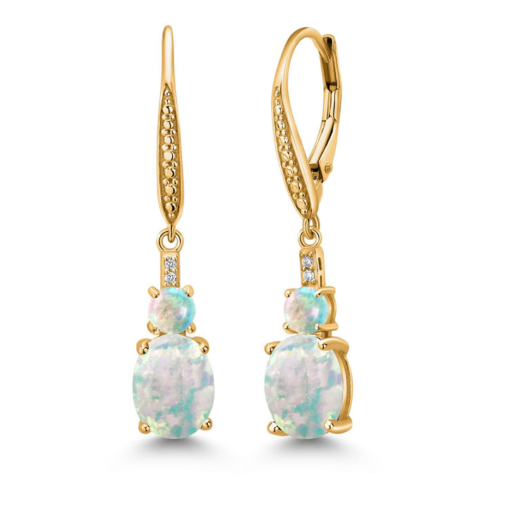 White Simulated Opal-Cabochon - October_Earrings in 925 Yellow Gold Plated Silver