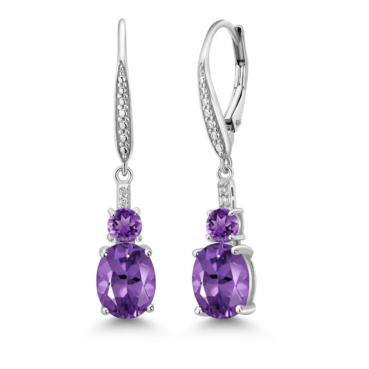 2-5 Cttw Oval Gemstone Birthstone and Lab Grown Diamond Drop Dangle Leverback Earrings for Women | 925 Sterling Silver | Oval 9X7MM Round 4MM and 1MM Accents