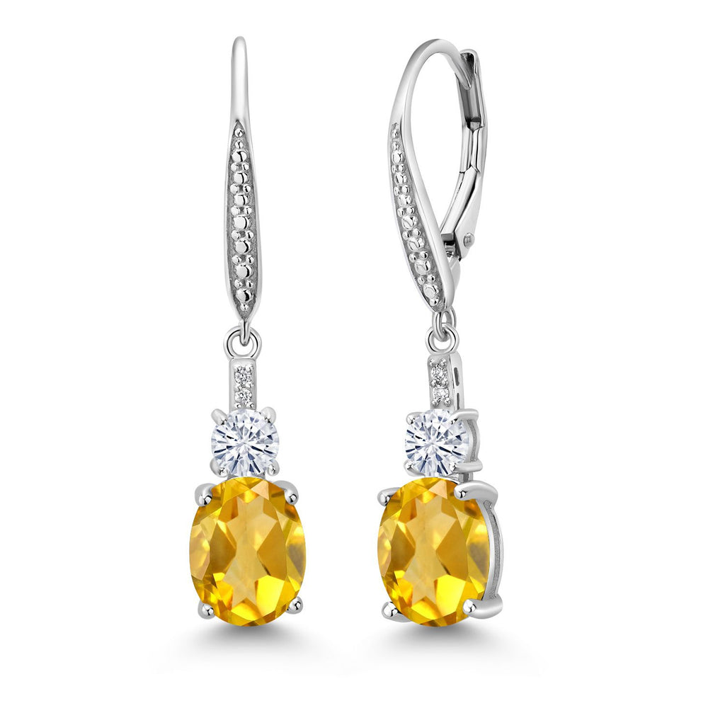 Gem Stone King 925 Sterling Silver Gemstone Birthstone, White Moissanite and Lab Grown Diamond Drop Dangle Earrings for Women | Oval 9X7MM, Round 4MM and 1MM Accents | Elegant Leverback Closure