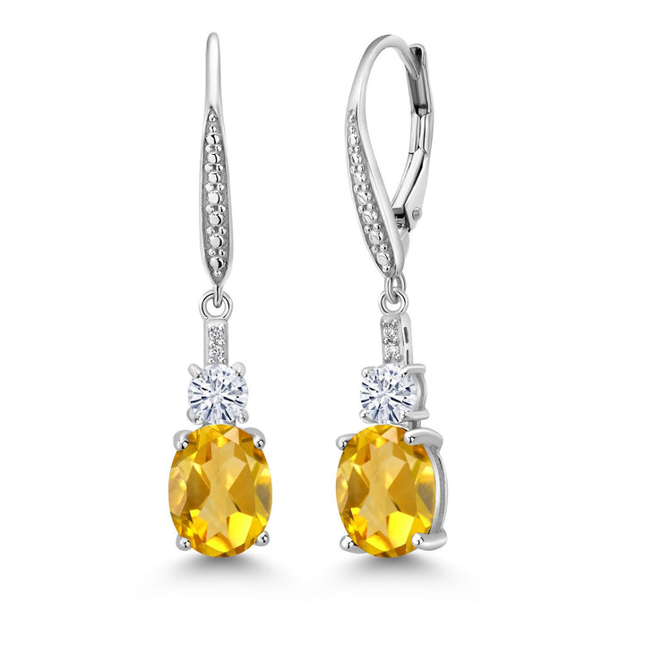 Gem Stone King 925 Sterling Silver Gemstone Birthstone, White Moissanite and Lab Grown Diamond Drop Dangle Earrings for Women | Oval 9X7MM, Round 4MM and 1MM Accents | Elegant Leverback Closure