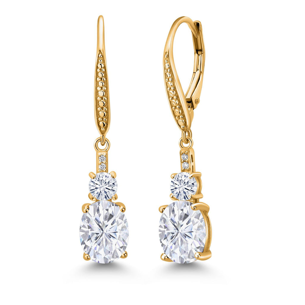 Gem Stone King 18K Yellow Gold Plated Silver Leverback Drop Dangle Earrings for Women | Gemstone Birthstone and Lab Grown Diamond | Oval 9X7MM | Round 4MM | Round 1MM Accents
