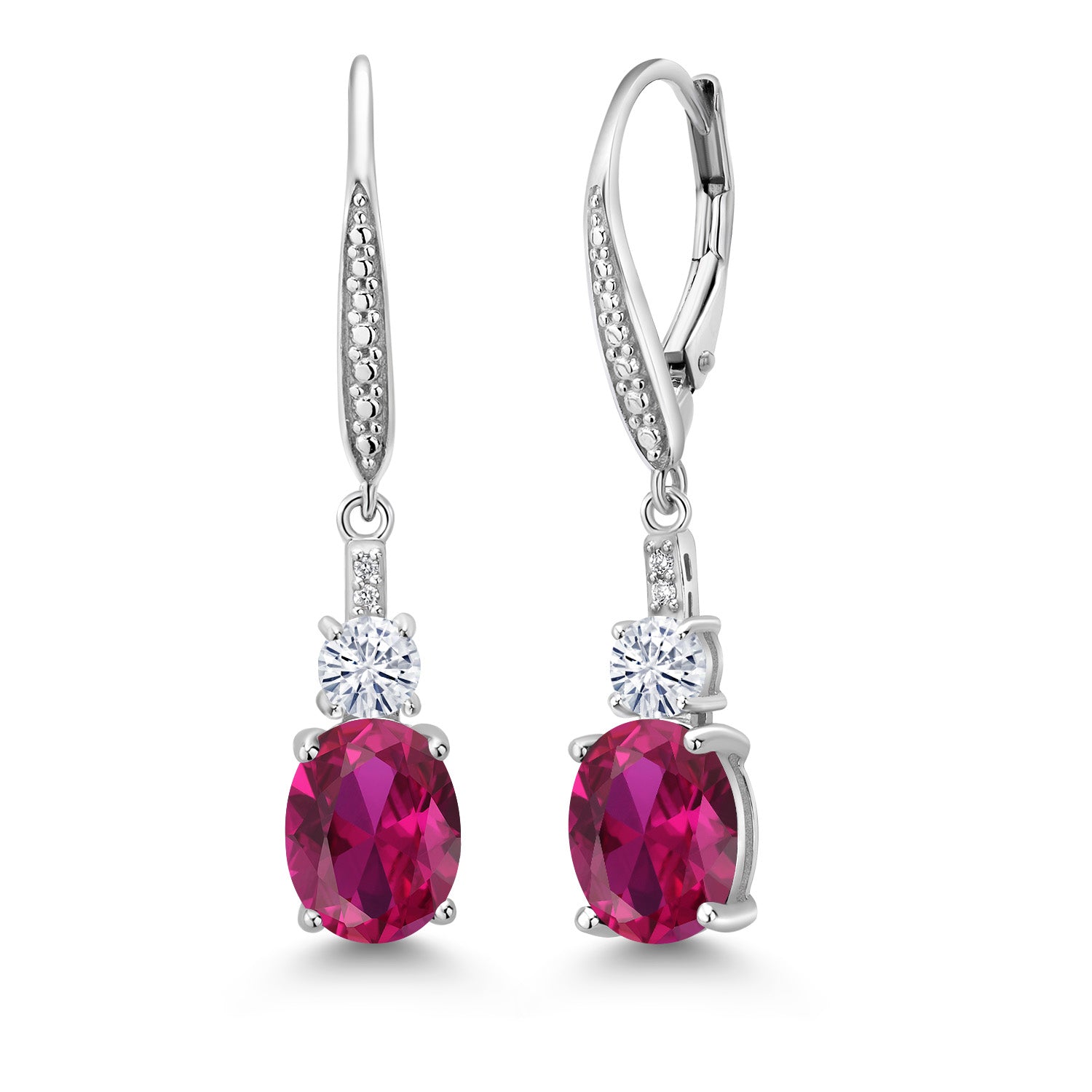 925 Sterling Silver Red Created Ruby White Moissanite and Lab Grown Diamond Dangle Earrings for Women (4.49 Cttw, Oval 9X7MM, Round 4MM)