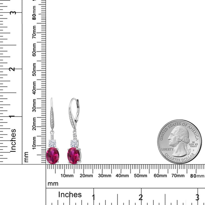 925 Sterling Silver Red Created Ruby White Moissanite and Lab Grown Diamond Dangle Earrings for Women (4.49 Cttw, Oval 9X7MM, Round 4MM)