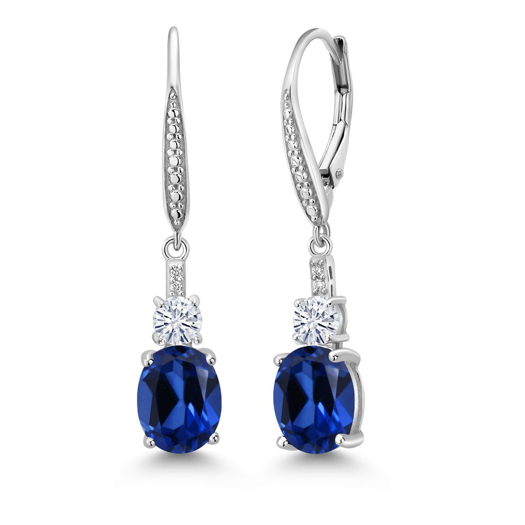 Gem Stone King 925 Sterling Silver Gemstone Birthstone, White Moissanite and Lab Grown Diamond Drop Dangle Earrings for Women | Oval 9X7MM, Round 4MM and 1MM Accents | Elegant Leverback Closure