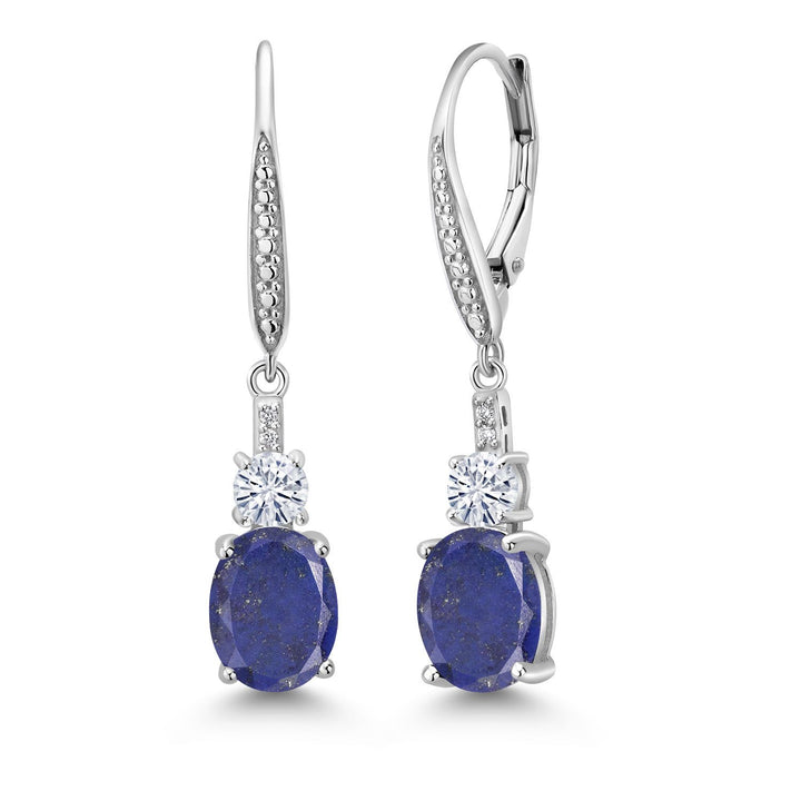 Gem Stone King 925 Sterling Silver Gemstone Birthstone, White Moissanite and Lab Grown Diamond Drop Dangle Earrings for Women | Oval 9X7MM, Round 4MM and 1MM Accents | Elegant Leverback Closure