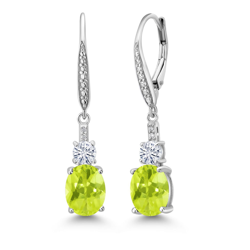 Gem Stone King 925 Sterling Silver Gemstone Birthstone, White Moissanite and Lab Grown Diamond Drop Dangle Earrings for Women | Oval 9X7MM, Round 4MM and 1MM Accents | Elegant Leverback Closure