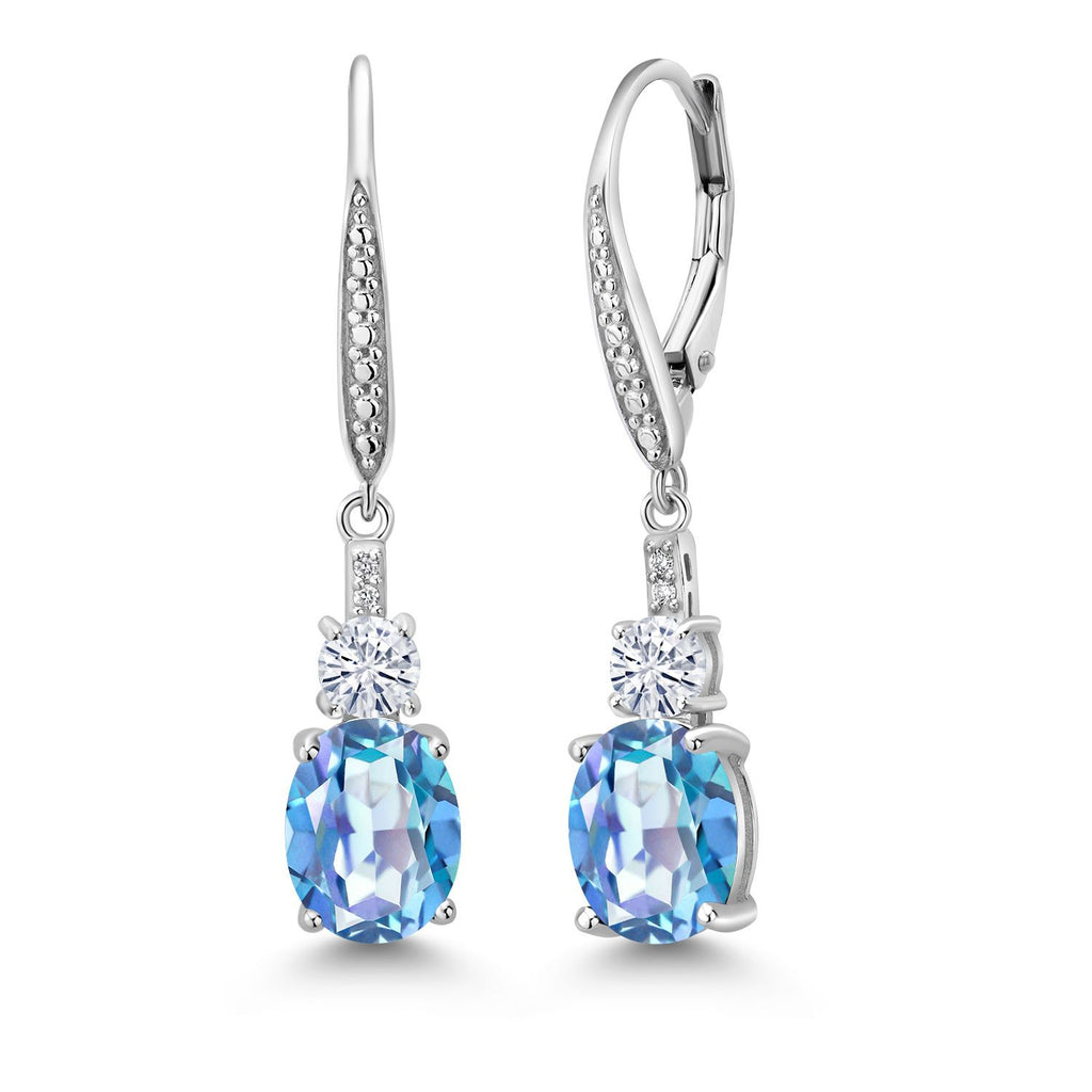 Gem Stone King 925 Sterling Silver Gemstone Birthstone, White Moissanite and Lab Grown Diamond Drop Dangle Earrings for Women | Oval 9X7MM, Round 4MM and 1MM Accents | Elegant Leverback Closure