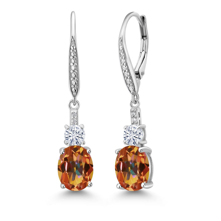 Gem Stone King 925 Sterling Silver Gemstone Birthstone, White Moissanite and Lab Grown Diamond Drop Dangle Earrings for Women | Oval 9X7MM, Round 4MM and 1MM Accents | Elegant Leverback Closure