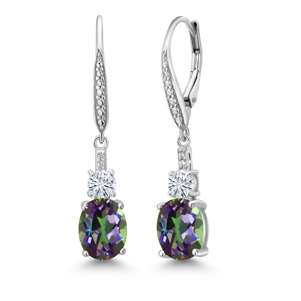 Gem Stone King 925 Sterling Silver Gemstone Birthstone, White Moissanite and Lab Grown Diamond Drop Dangle Earrings for Women | Oval 9X7MM, Round 4MM and 1MM Accents | Elegant Leverback Closure