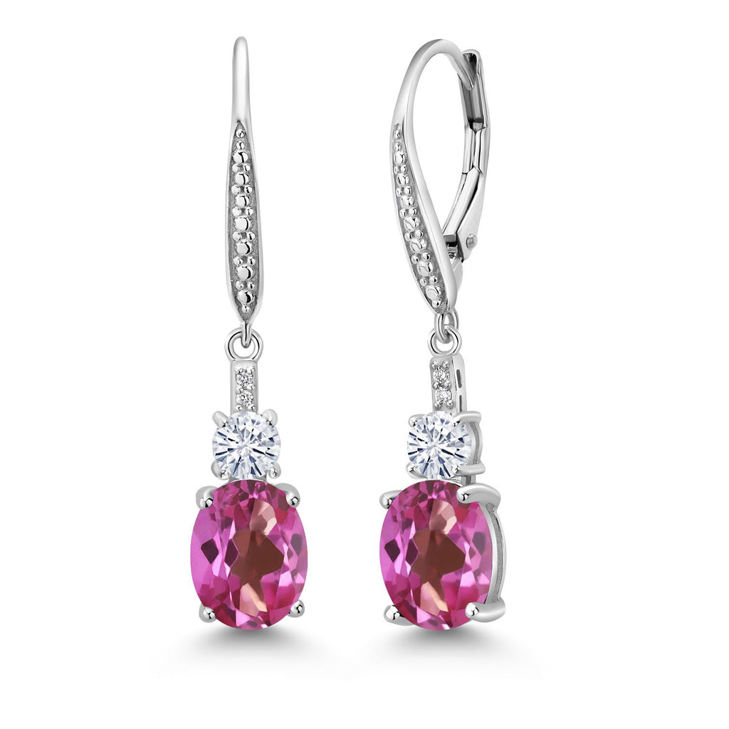 Gem Stone King 925 Sterling Silver Gemstone Birthstone, White Moissanite and Lab Grown Diamond Drop Dangle Earrings for Women | Oval 9X7MM, Round 4MM and 1MM Accents | Elegant Leverback Closure
