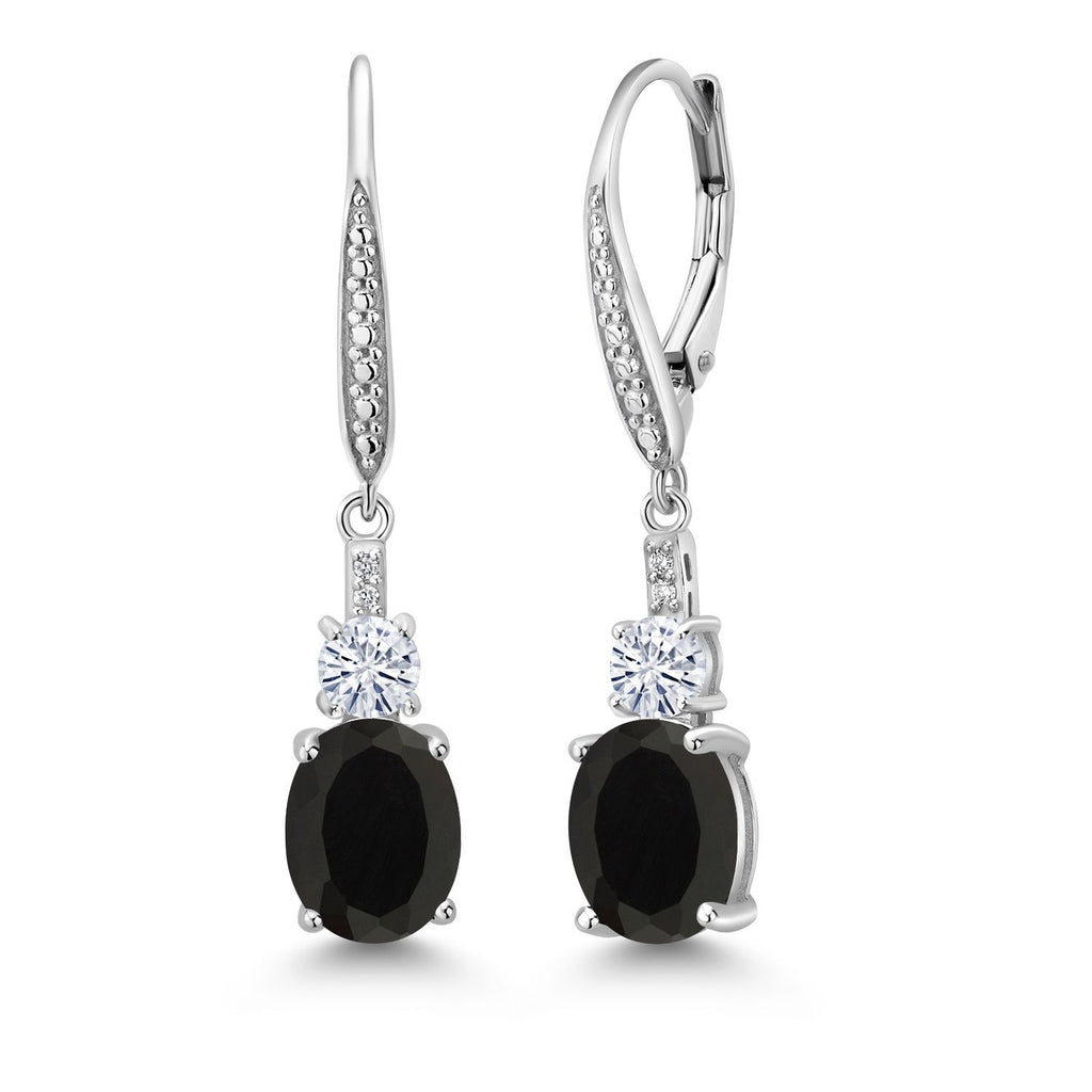 Gem Stone King 925 Sterling Silver Gemstone Birthstone, White Moissanite and Lab Grown Diamond Drop Dangle Earrings for Women | Oval 9X7MM, Round 4MM and 1MM Accents | Elegant Leverback Closure