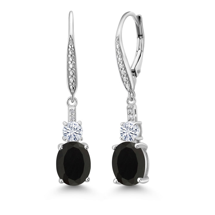 Gem Stone King 925 Sterling Silver Gemstone Birthstone, White Moissanite and Lab Grown Diamond Drop Dangle Earrings for Women | Oval 9X7MM, Round 4MM and 1MM Accents | Elegant Leverback Closure
