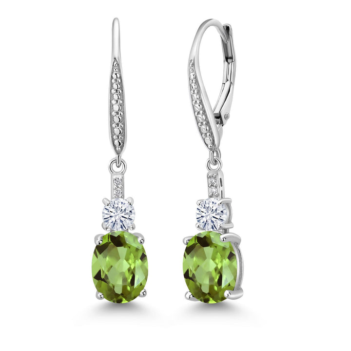 Gem Stone King 925 Sterling Silver Gemstone Birthstone, White Moissanite and Lab Grown Diamond Drop Dangle Earrings for Women | Oval 9X7MM, Round 4MM and 1MM Accents | Elegant Leverback Closure