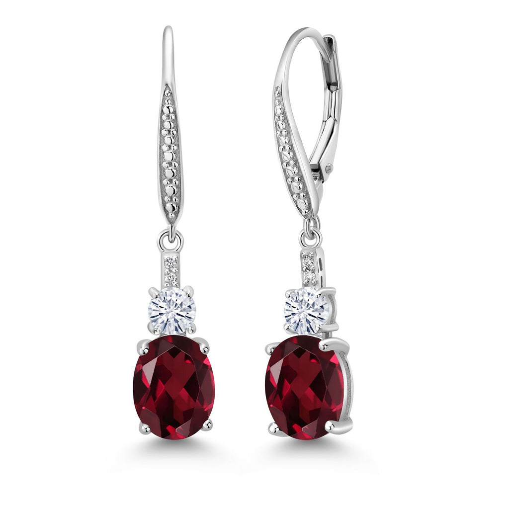 Gem Stone King 925 Sterling Silver Gemstone Birthstone, White Moissanite and Lab Grown Diamond Drop Dangle Earrings for Women | Oval 9X7MM, Round 4MM and 1MM Accents | Elegant Leverback Closure