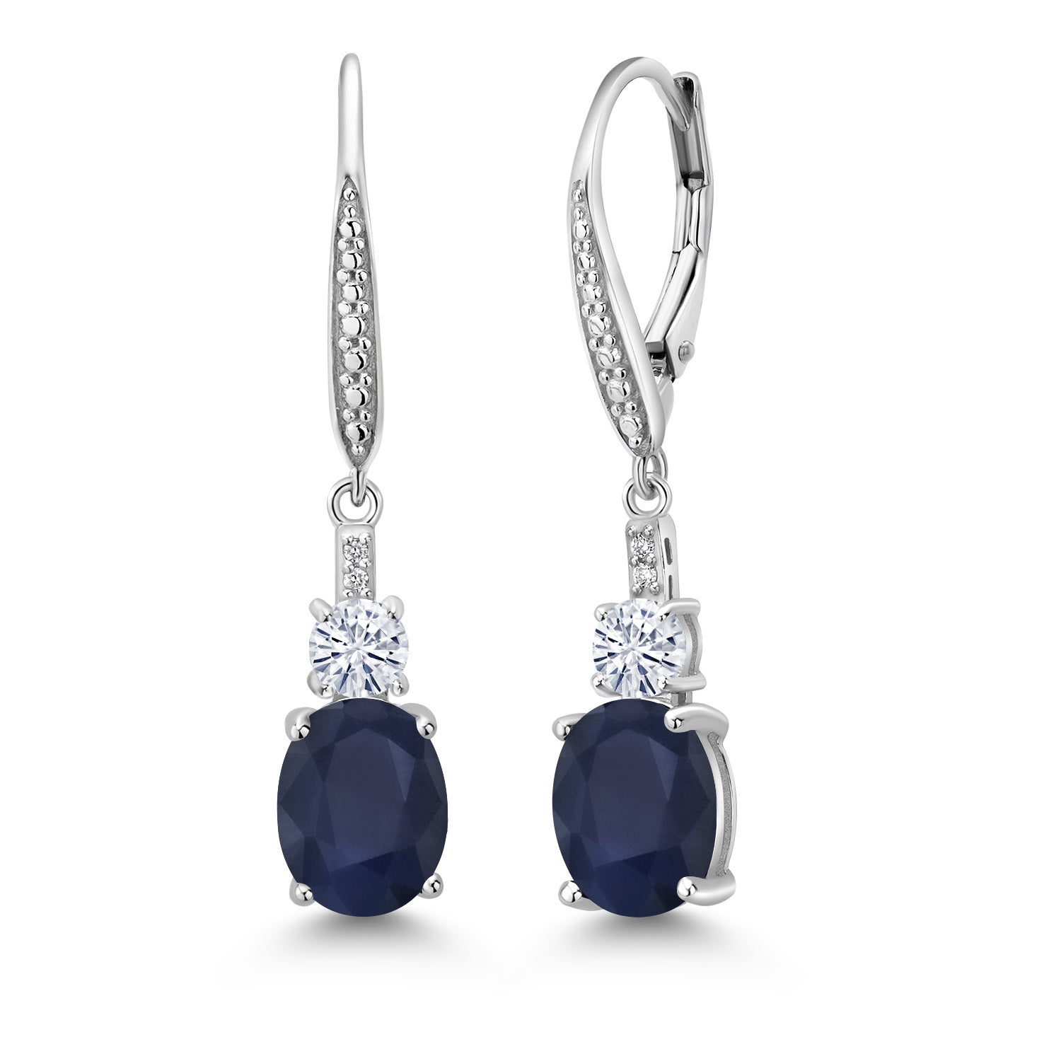 925 Sterling Silver Blue Sapphire White Moissanite and Lab Grown Diamond Dangle Earrings for Women (4.89 Cttw, Gemstone Birthstone, Oval 9X7MM, Round 4MM)