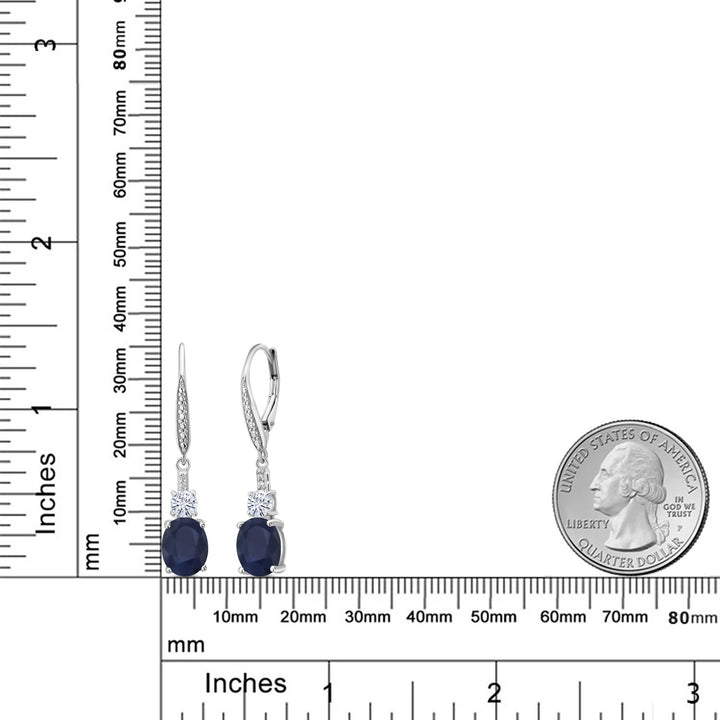 925 Sterling Silver Blue Sapphire White Moissanite and Lab Grown Diamond Dangle Earrings for Women (4.89 Cttw, Gemstone Birthstone, Oval 9X7MM, Round 4MM)