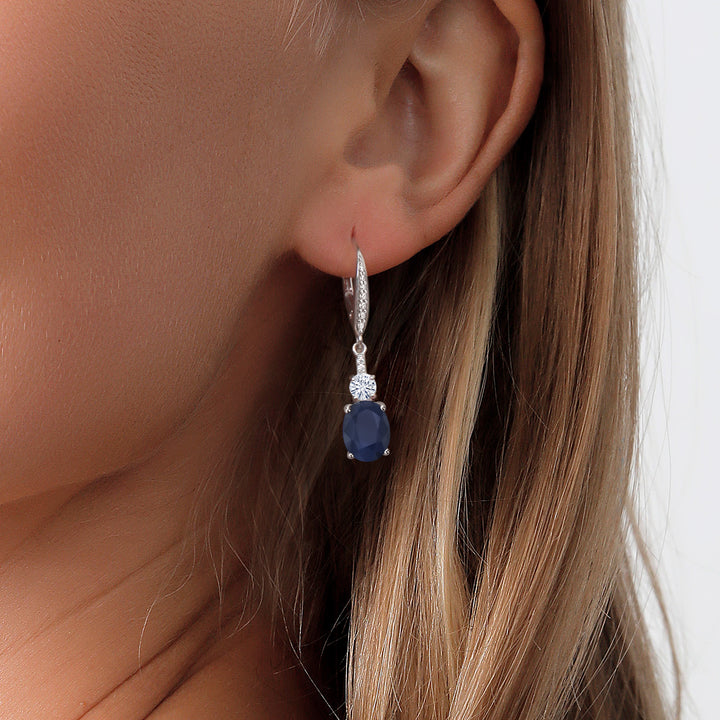 925 Sterling Silver Blue Sapphire White Moissanite and Lab Grown Diamond Dangle Earrings for Women (4.89 Cttw, Gemstone Birthstone, Oval 9X7MM, Round 4MM)