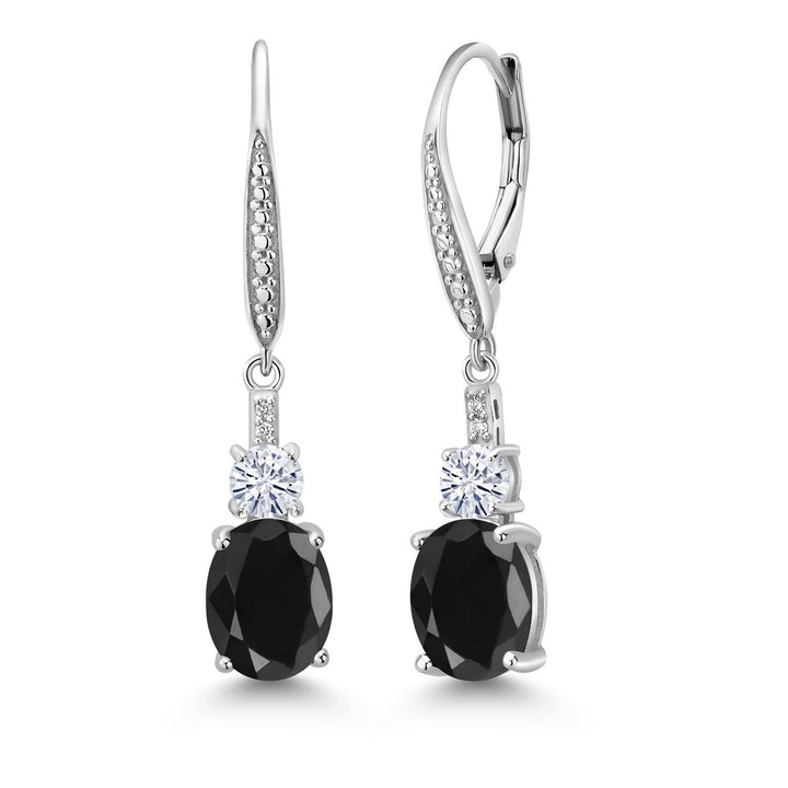 Gem Stone King 925 Sterling Silver Gemstone Birthstone, White Moissanite and Lab Grown Diamond Drop Dangle Earrings for Women | Oval 9X7MM, Round 4MM and 1MM Accents | Elegant Leverback Closure