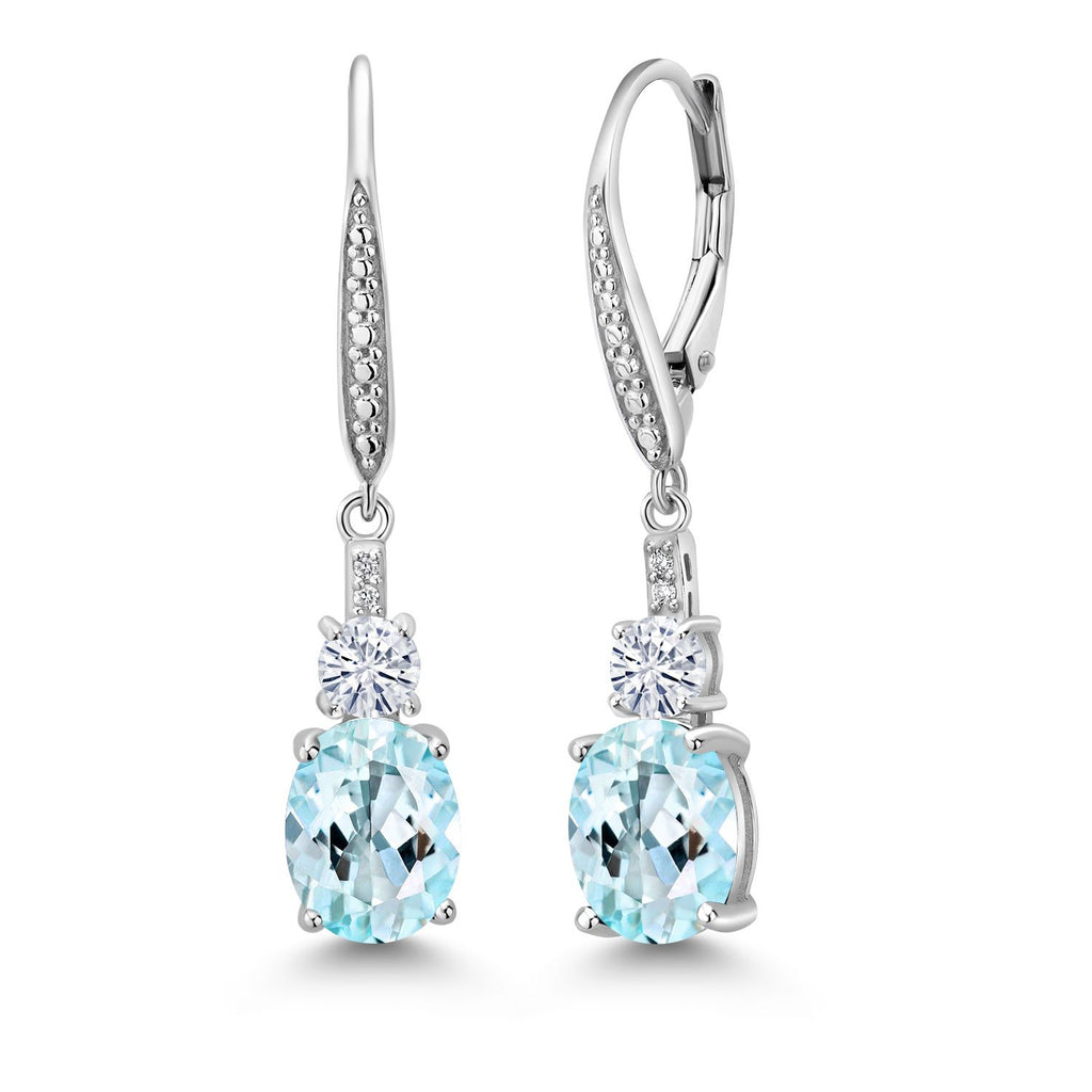 Gem Stone King 925 Sterling Silver Gemstone Birthstone, White Moissanite and Lab Grown Diamond Drop Dangle Earrings for Women | Oval 9X7MM, Round 4MM and 1MM Accents | Elegant Leverback Closure