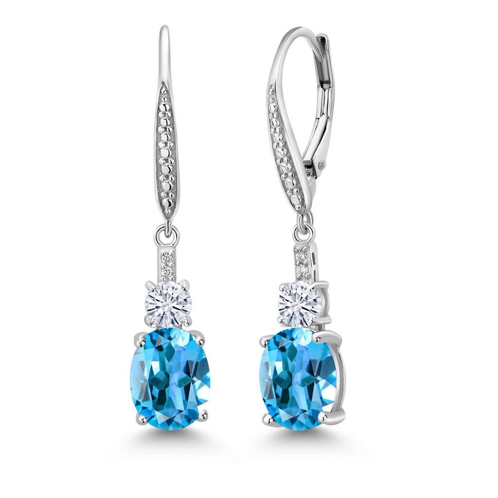 Gem Stone King 925 Sterling Silver Gemstone Birthstone, White Moissanite and White Lab Grown Diamond Drop Dangle Earrings for Women | Oval 9X7MM, Round 4MM and 1MM Accents | Elegant Leverback Closure