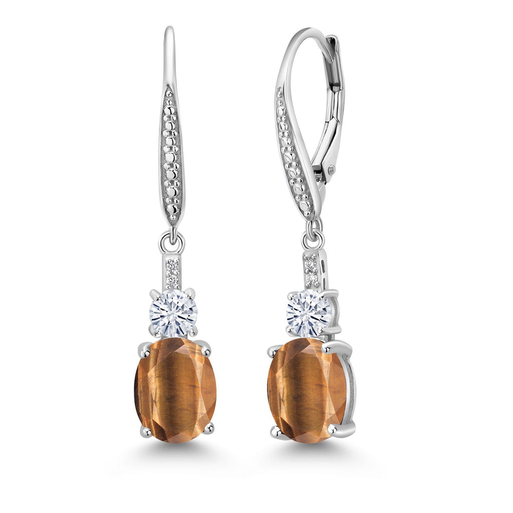 Gem Stone King 925 Sterling Silver Gemstone Birthstone, White Moissanite and Lab Grown Diamond Drop Dangle Earrings for Women | Oval 9X7MM, Round 4MM and 1MM Accents | Elegant Leverback Closure